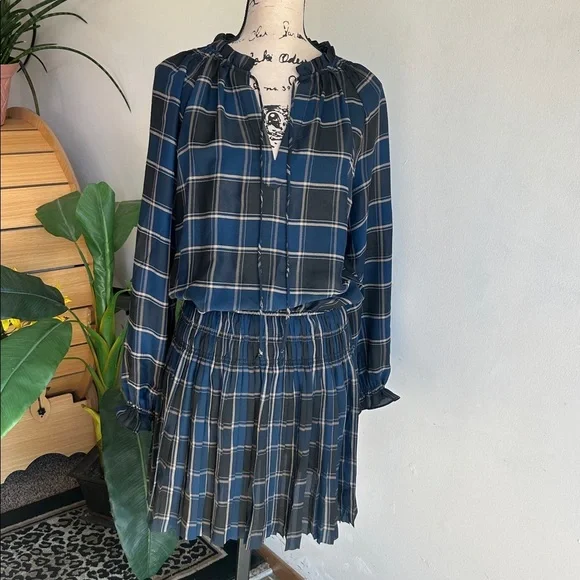 Current Air Plaid Blouson Sleeve Pleated Mini Length Dress Size Medium - Picture 14 of 16